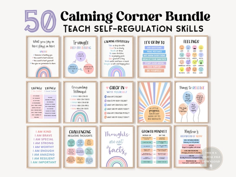 50 Therapy Office Decor Bundle Kids Teens School Psychologist Wall Art Anxiety Counselor Prints Mental Health Coping Skills Poster Children