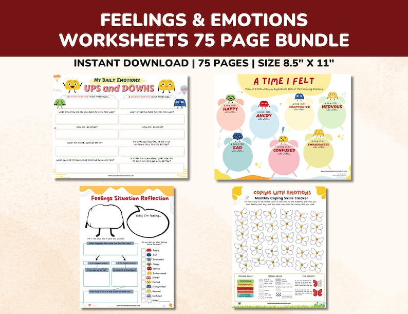 Feelings & Emotions Worksheets Chart 75 Pg Printable Bundle-Coping Skills For Kids-Thermometer-Child Therapy Counselor School Counseling PDF