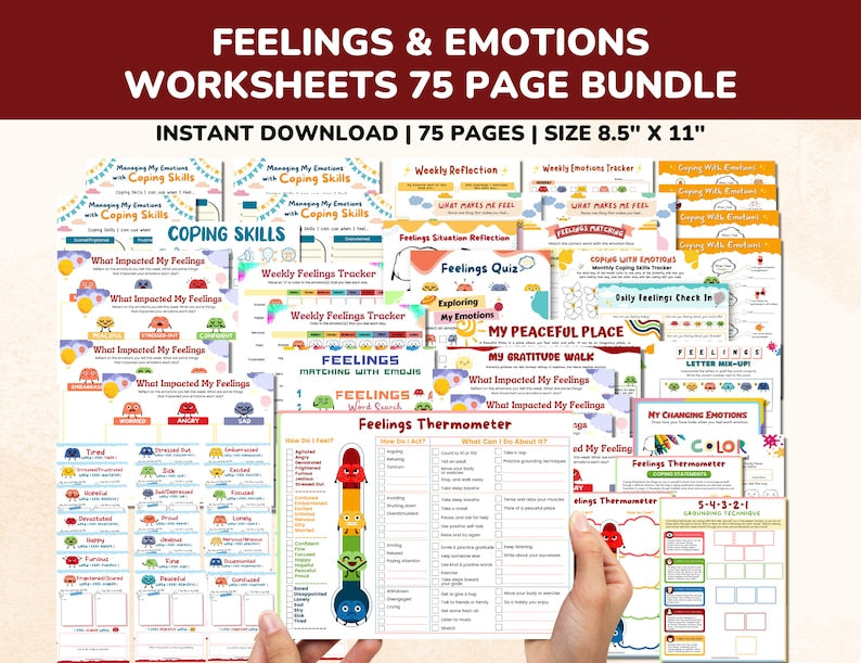 Feelings & Emotions Worksheets Chart 75 Pg Printable Bundle-Coping Skills For Kids-Thermometer-Child Therapy Counselor School Counseling PDF