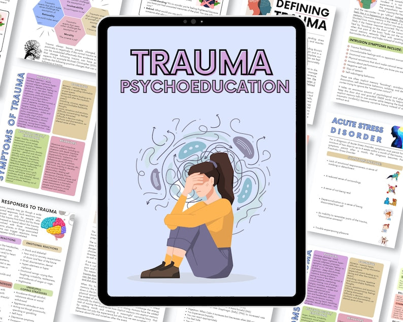 Trauma Therapy Worksheet Bundle, Trauma worksheets, PTSD Counseling Worksheet, Trauma Symptoms & Responses, Therapeutic Psychoeducation Tool