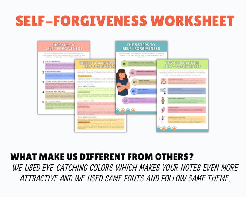 Ultimate Self Forgiveness Worksheet Package, Self Love, Self Growth, Therapy Worksheets, Self Esteem, Forgiveness Workbook, Healing, CBT