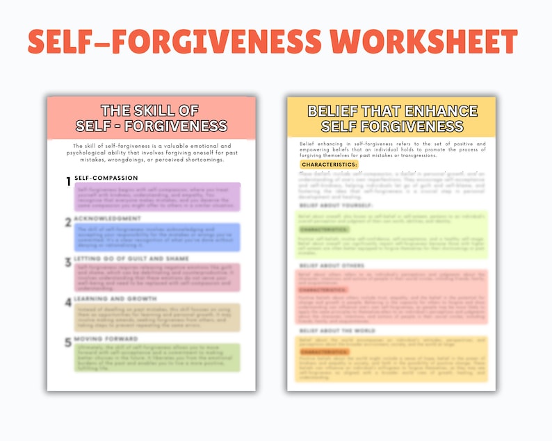 Ultimate Self Forgiveness Worksheet Package, Self Love, Self Growth, Therapy Worksheets, Self Esteem, Forgiveness Workbook, Healing, CBT