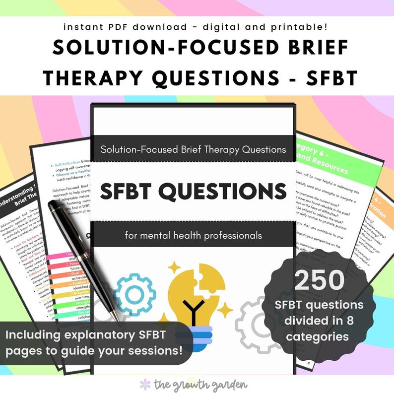 Solution-Focused Brief Therapy Questions - SFBT Therapy Questions - Therapy Interventions - Therapy Questions Bundle
