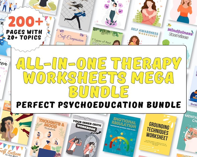 Therapy Worksheet Bundle, Psychology Resources, Inner Critic, Boundaries, Trauma, Acceptance Therapy, Safety Plan, Planner, Affirmations,GAD